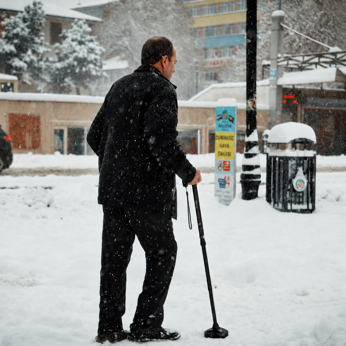 Person with a Rehand walking cane beside a cleared winter walkway and handrail