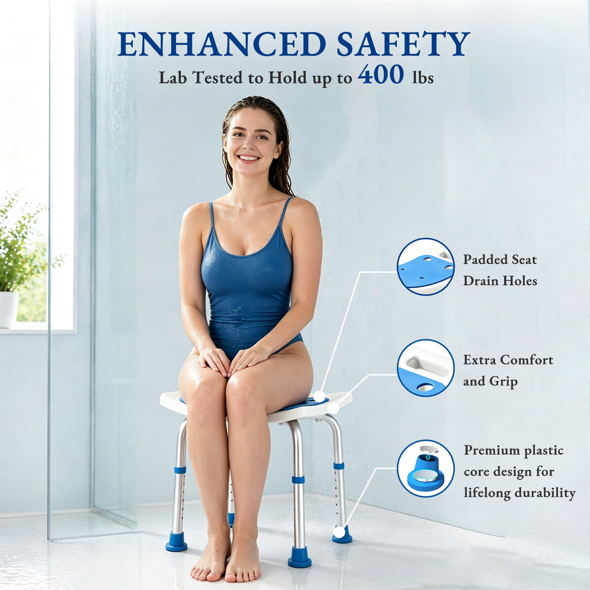 REHAND Shower Chair,Adjustable Bath Bench Stool,400 lbs Limit,Blue
