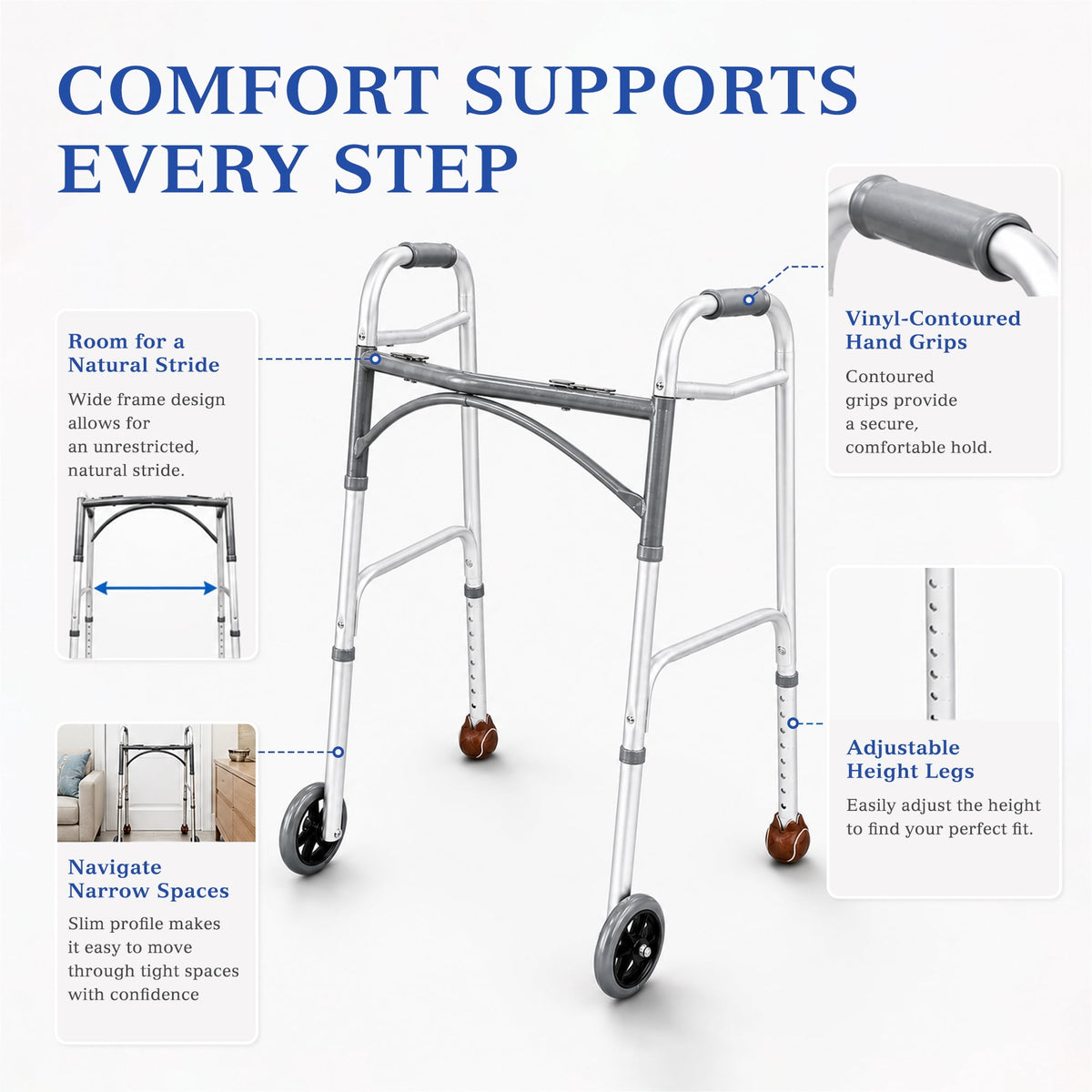 REHAND Lightweight Folding Walker with 5" Wheels, Adjustable Height Trigger Release Walker for Seniors & Adults