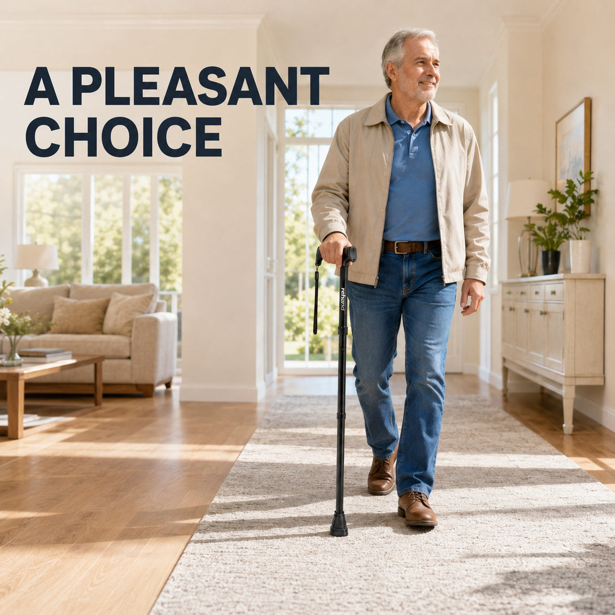 REHAND Adjustable Folding Walking Cane, Lightweight Collapsible Cane with Ergonomic Handle & Anti-Slip Foot for Seniors and Adults, Black