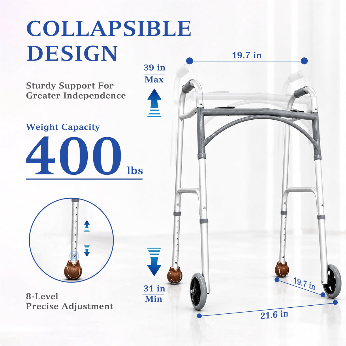REHAND Lightweight Folding Walker with 5" Wheels, Adjustable Height Trigger Release Walker for Seniors & Adults