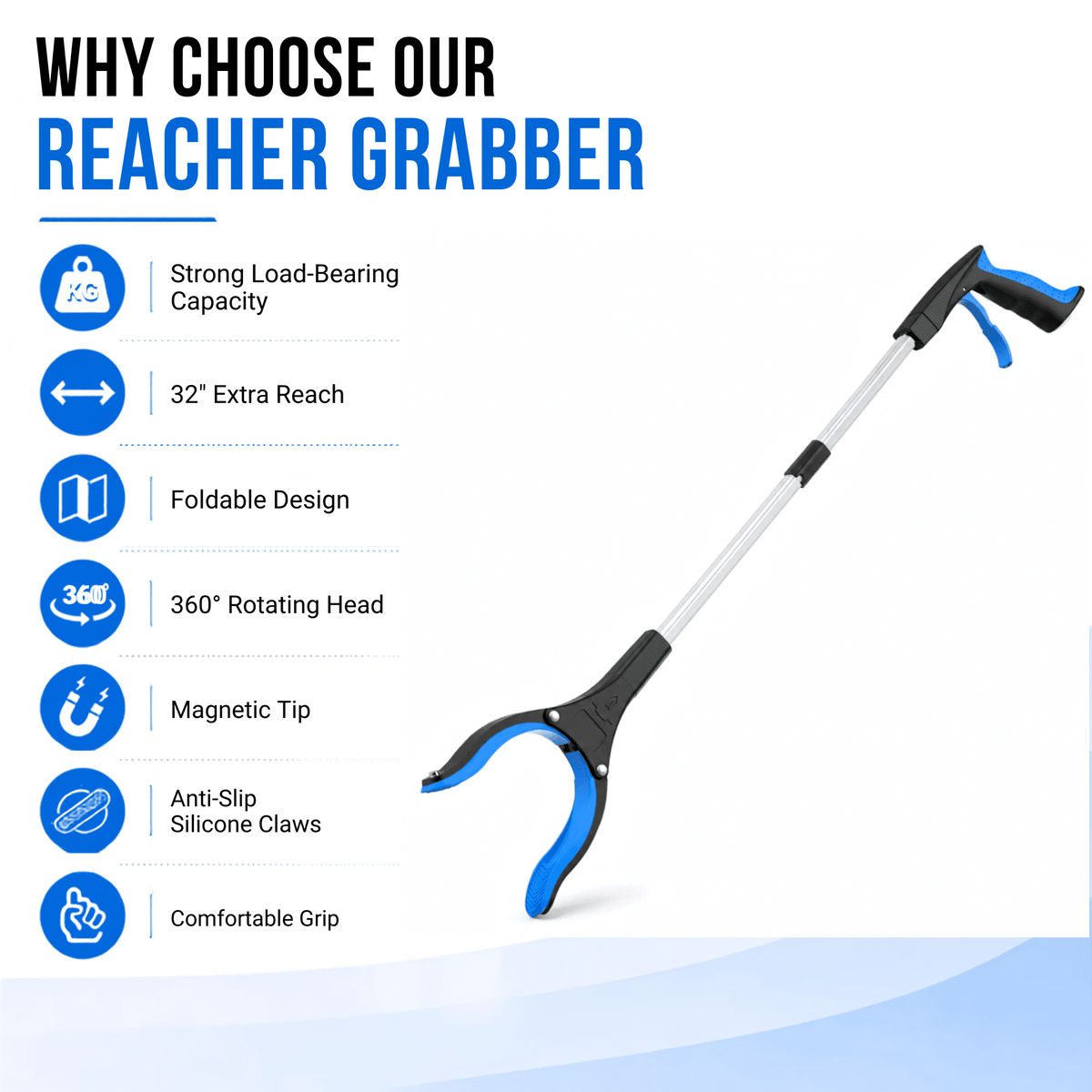 REHAND Reacher Grabber Tool,Foldable 32" Grabber Reacher with Rotating Jaw,Lightweight Pickup Tool for Seniors,Elderly,Disabled & Home Use,Blue