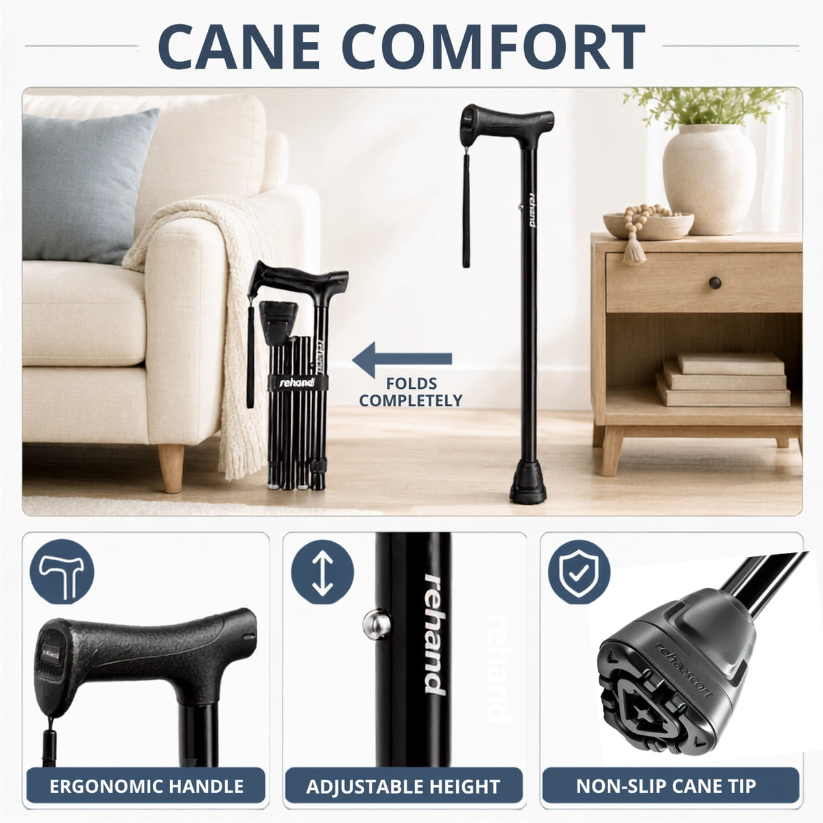 REHAND Adjustable Folding Walking Cane, Lightweight Collapsible Cane with Ergonomic Handle & Anti-Slip Foot for Seniors and Adults, Black