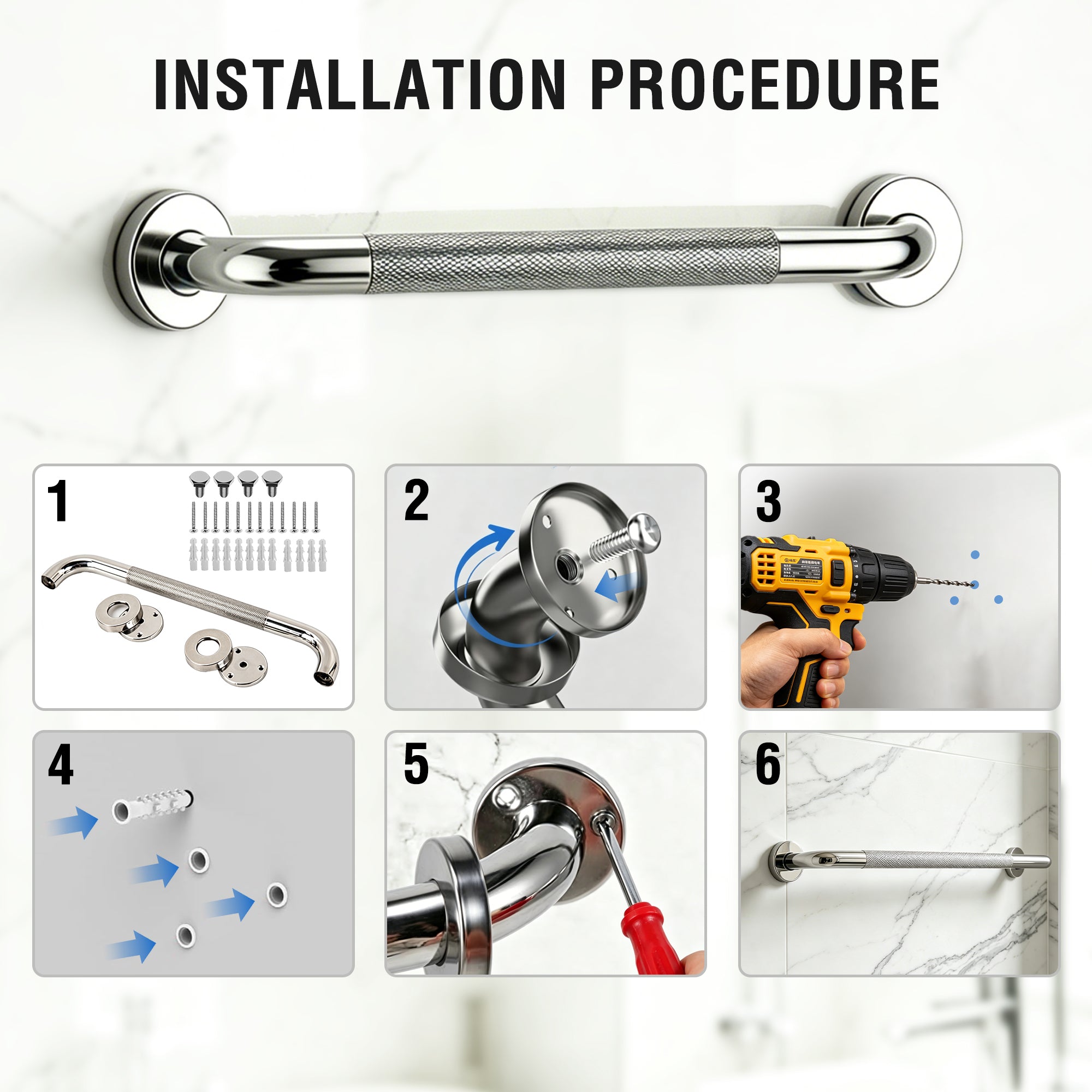 REHAND 16" Grab Bars for Shower, 2 Pack Non-Slip Wall Mount Polished Stainless Steel Bathroom Safety Handles, 450 lb Capacity