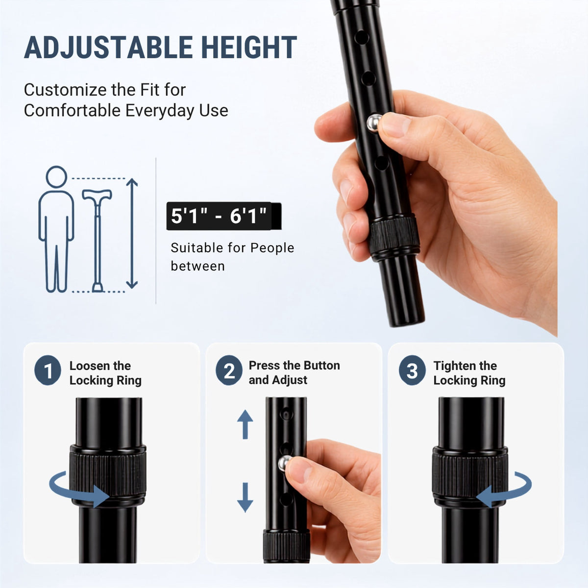 REHAND Adjustable Folding Walking Cane, Lightweight Collapsible Cane with Ergonomic Handle & Anti-Slip Foot for Seniors and Adults, Black