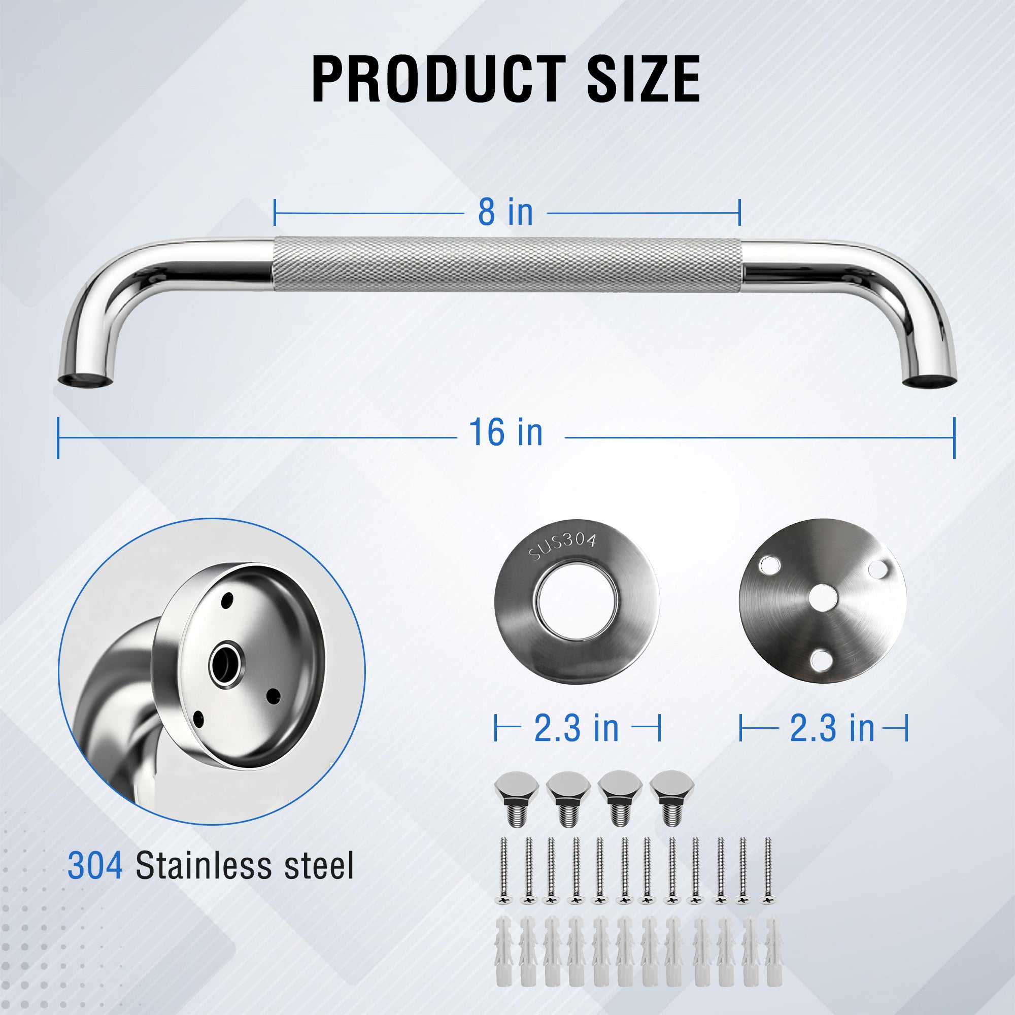 REHAND 16" Grab Bars for Shower, 2 Pack Non-Slip Wall Mount Polished Stainless Steel Bathroom Safety Handles, 450 lb Capacity