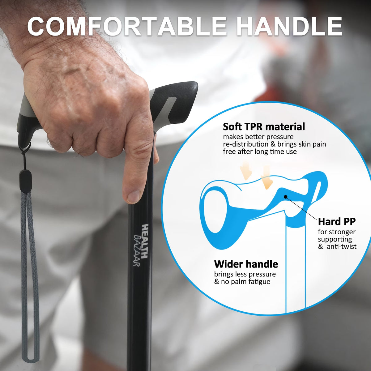 Healthbazaar Adjustable Walk Cane for Seniors,Foldable Cane,Black