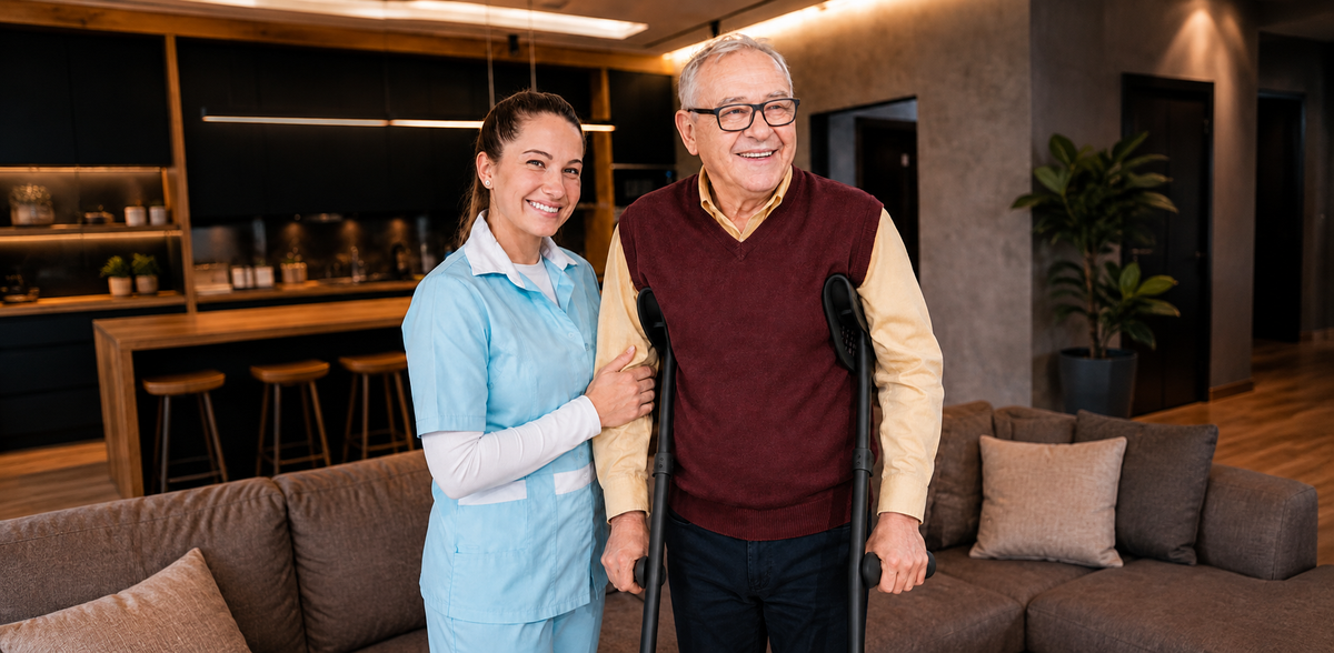 Man standing beside a caregiver with Rehand underarm crutches