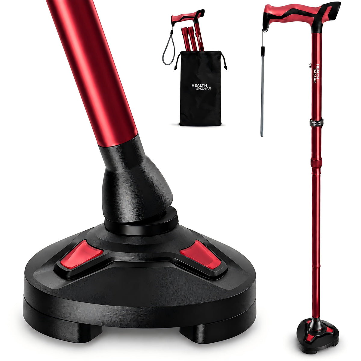 Healthbazaar Folding Walking Cane,Adjustable Self-Standing Tripod Cane for Seniors,Red