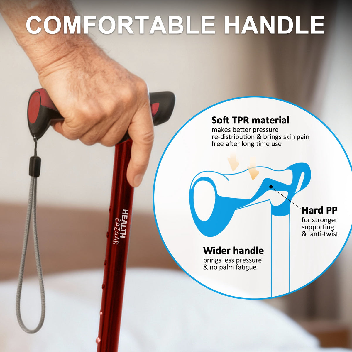 Healthbazaar Folding Walking Cane,Adjustable Self-Standing Tripod Cane for Seniors,Red