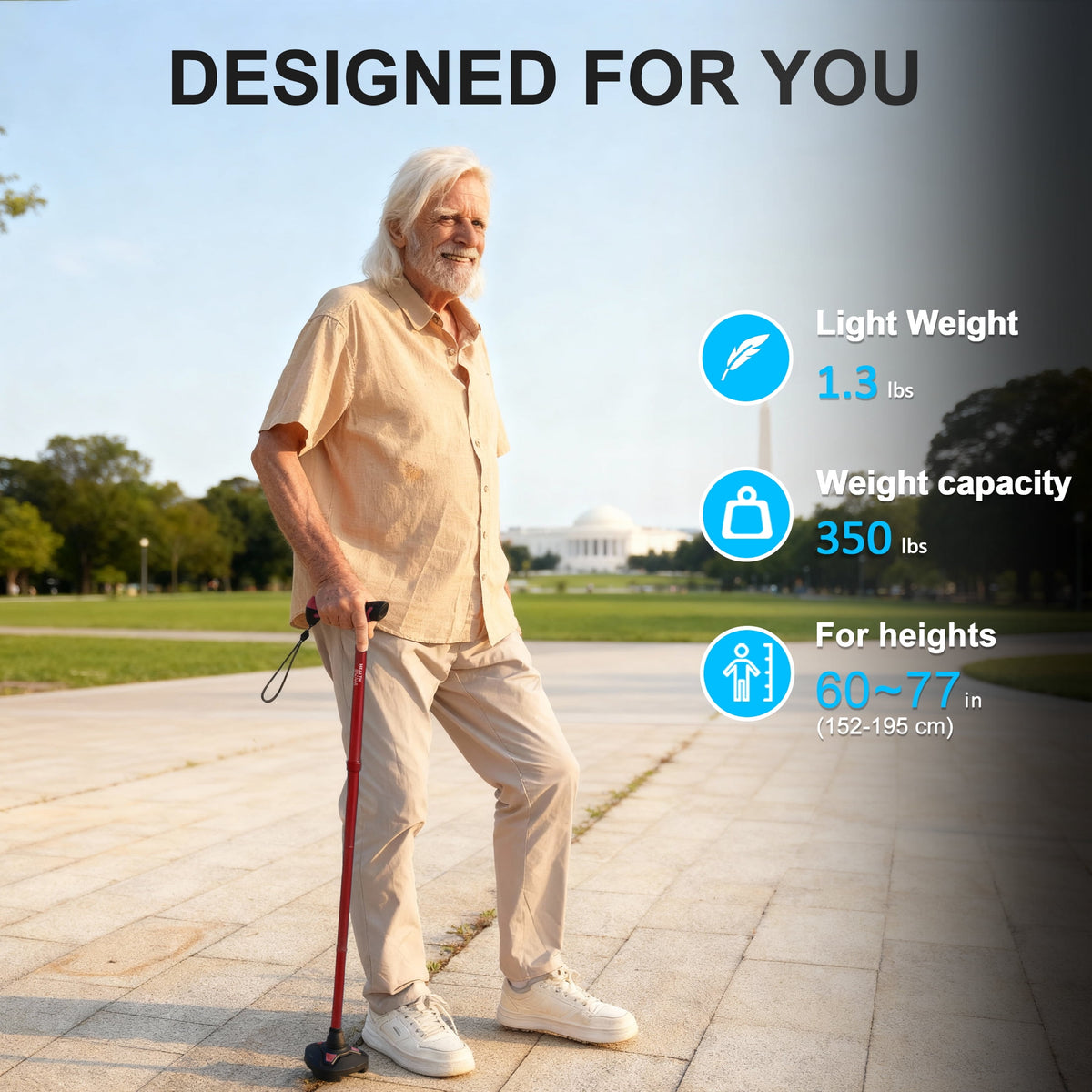 Healthbazaar Folding Walking Cane,Adjustable Self-Standing Tripod Cane for Seniors,Red