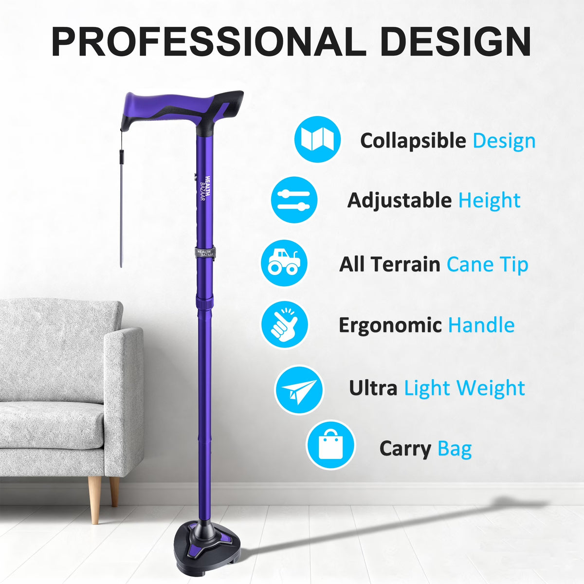 Healthbazaar Adjustable Folding Walking Cane for Women & Men, Purple