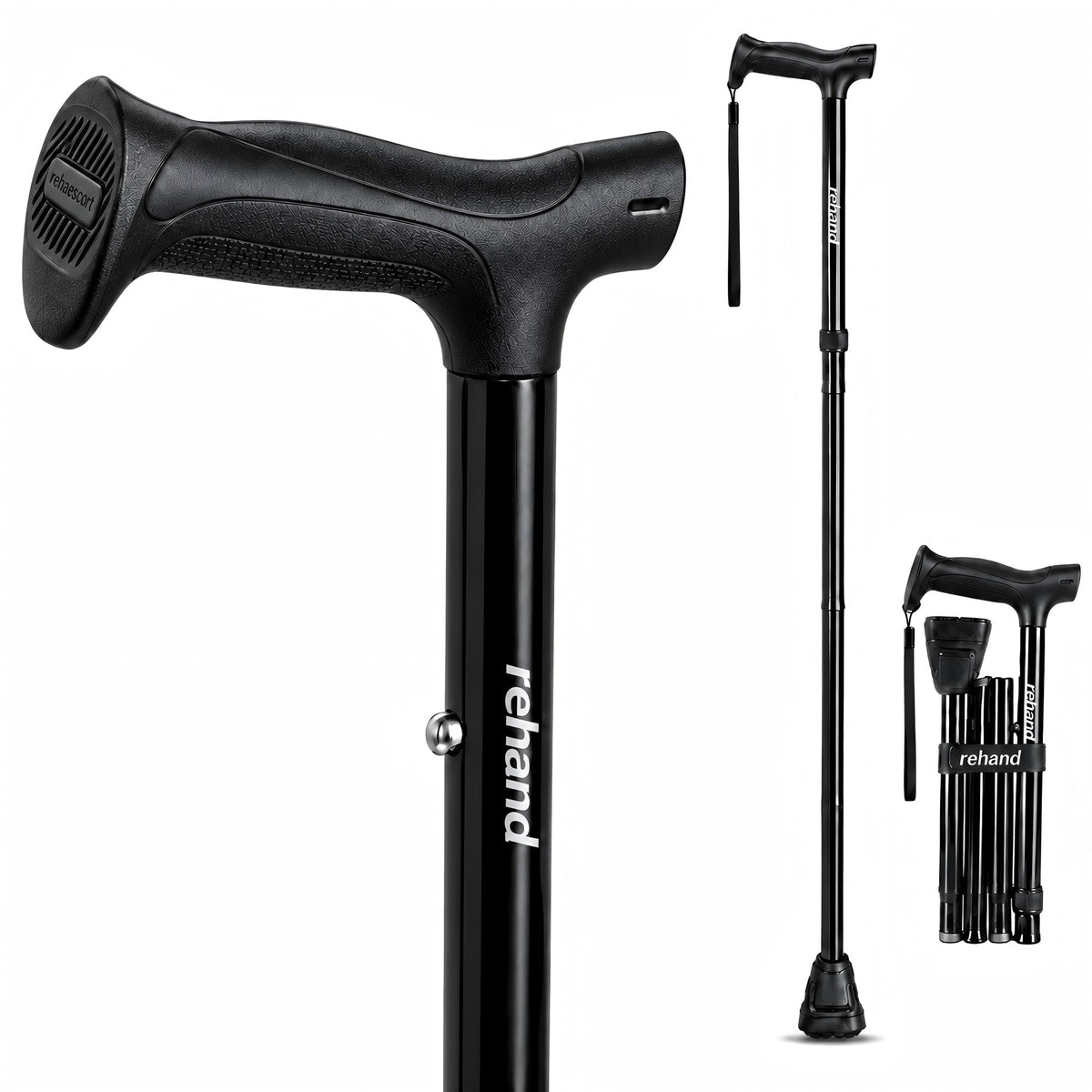 REHAND Adjustable Folding Walking Cane, Lightweight Collapsible Cane with Ergonomic Handle & Anti-Slip Foot for Seniors and Adults, Black