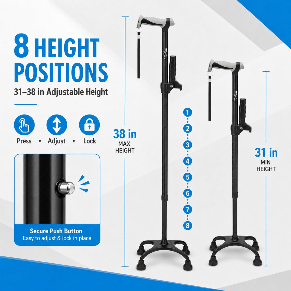 REHAND Walking Cane,Adjustable Lightweight Quad Canes for Women & Men,Black
