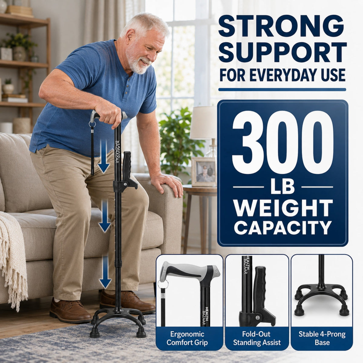REHAND Walking Cane,Adjustable Lightweight Quad Canes for Women & Men,Black