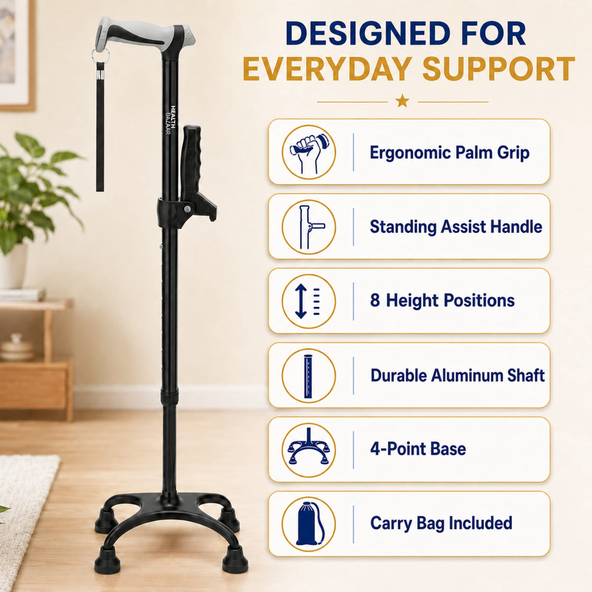 REHAND Walking Cane,Adjustable Lightweight Quad Canes for Women & Men,Black