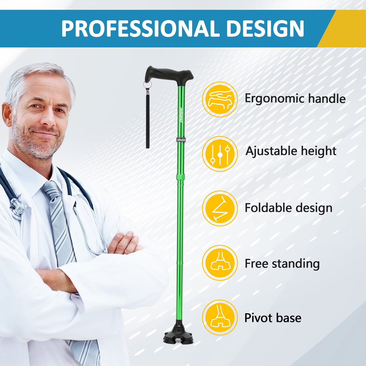 Rehand Foldable Adjustable Aluminum Walking Stick with T-Grip, Four Prongs, Collapsible, Green