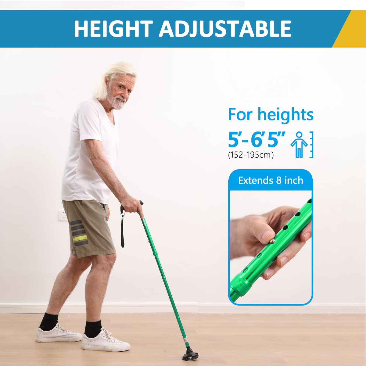 Rehand Foldable Adjustable Aluminum Walking Stick with T-Grip, Four Prongs, Collapsible, Green