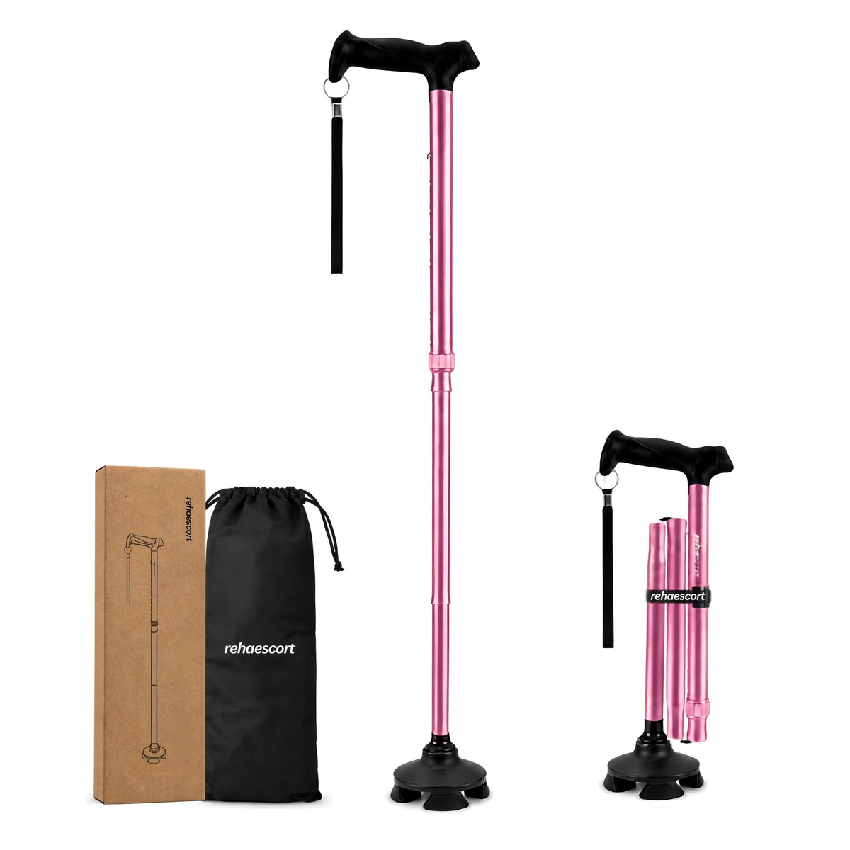 Rehaescort Walking Cane with Travel Bag for Aldult,Adjustable Walking Sticks,Hiking Sticks Lightweight Pivot Tip for Men and Women,Pink