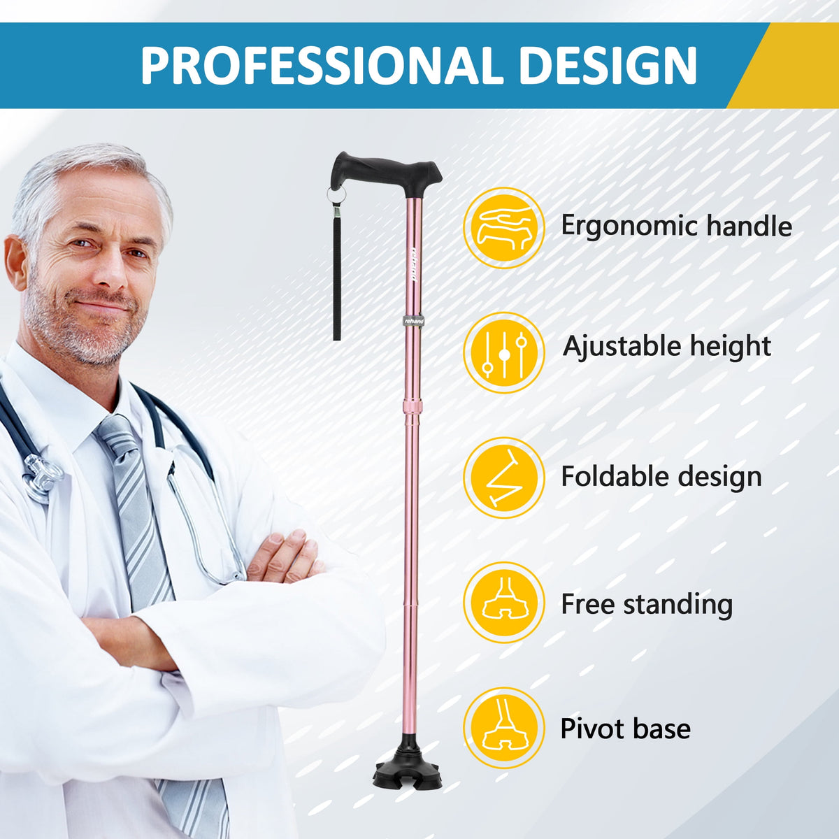 Rehand Adjustable Folding Walking Cane, Lightweight Collapsible Walking Stick for Seniors and Adults, Pink