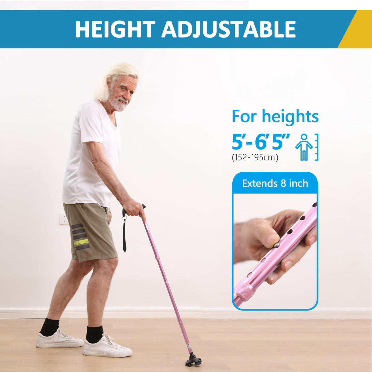 Rehand Adjustable Folding Walking Cane, Lightweight Collapsible Walking Stick for Seniors and Adults, Pink