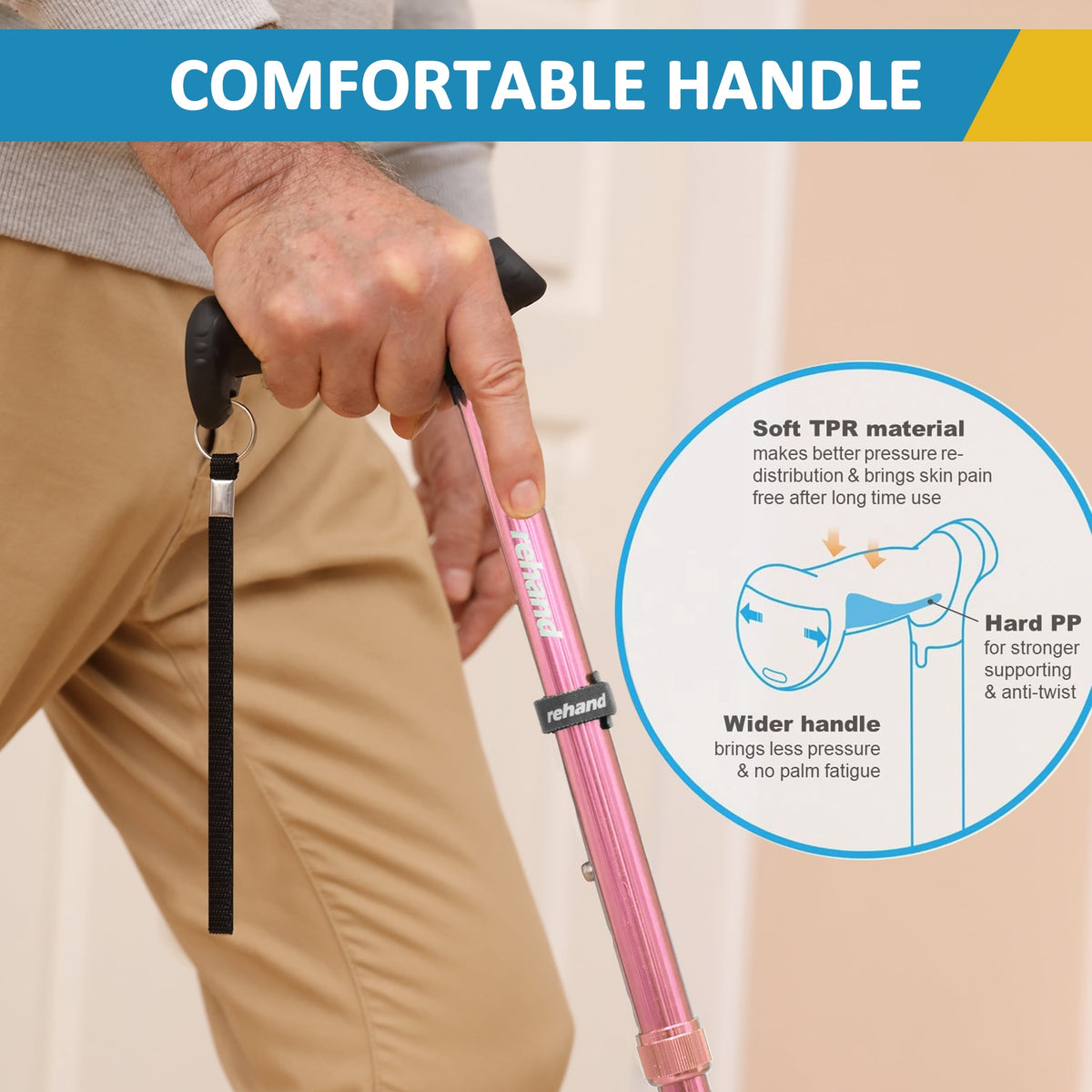 Rehand Adjustable Folding Walking Cane, Lightweight Collapsible Walking Stick for Seniors and Adults, Pink