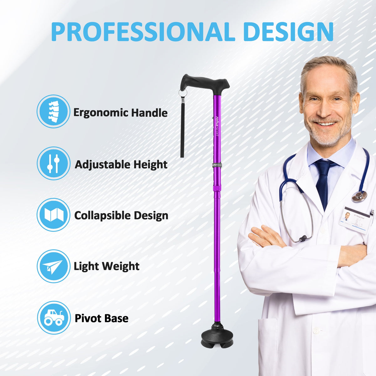 Rehaescort Adjustable Folding Walking Cane,Lightweight Heavy Duty Sticks Pivot Tip for Men and Women,Purple
