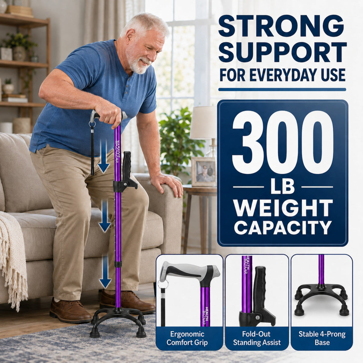 HEALTHBAZAAR Quad Cane Walking Cane for Women & Men for Balance Stability Adjustable Lightweight Walking Stick Purple