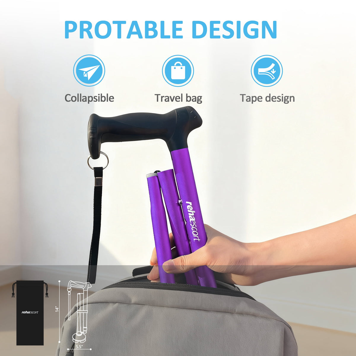 Rehaescort Adjustable Folding Walking Cane,Lightweight Heavy Duty Sticks Pivot Tip for Men and Women,Purple