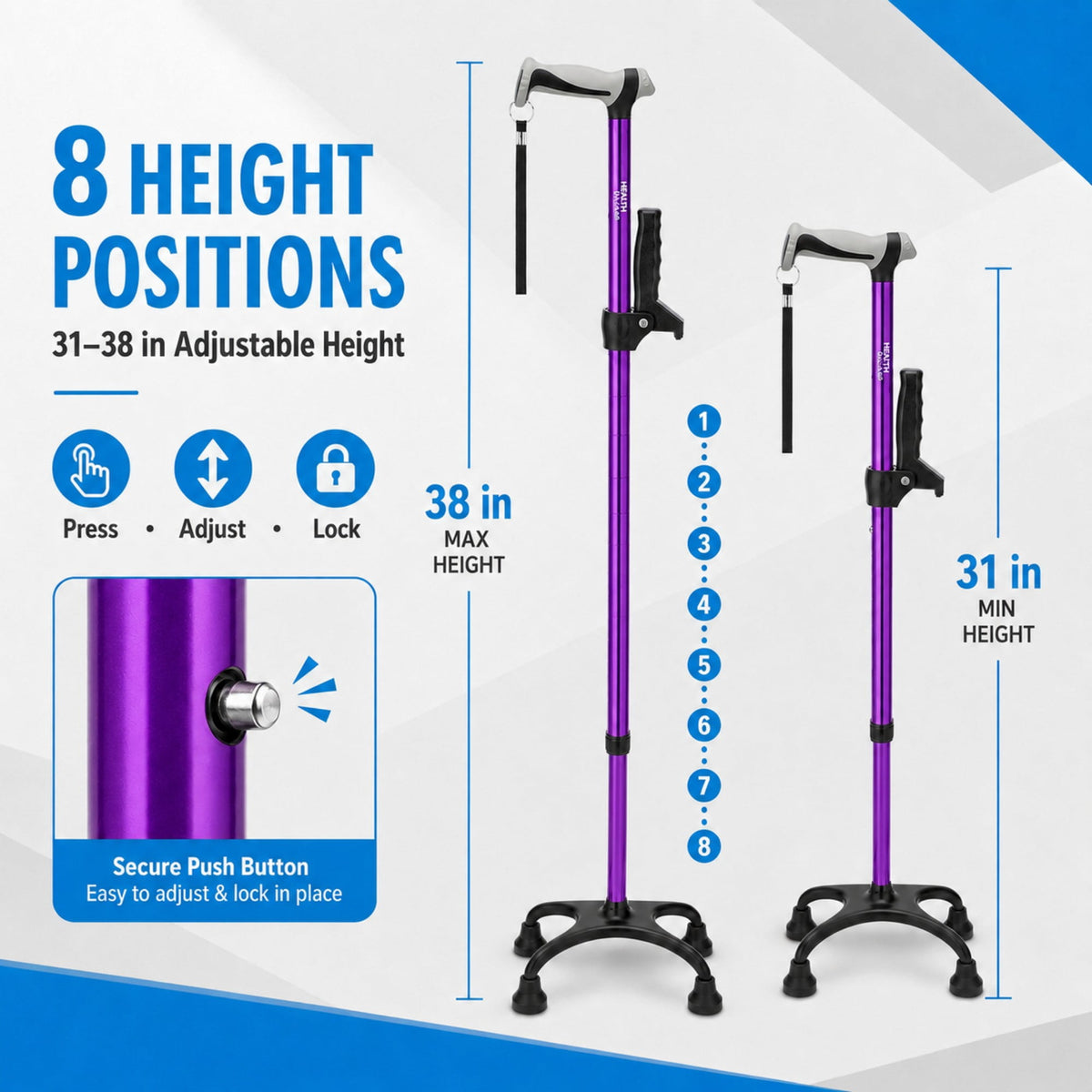 HEALTHBAZAAR Quad Cane Walking Cane for Women & Men for Balance Stability Adjustable Lightweight Walking Stick Purple