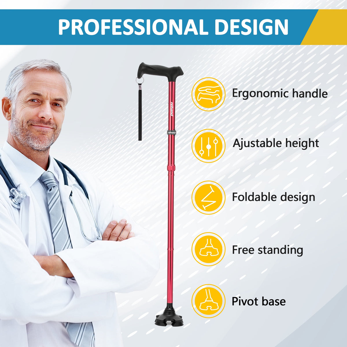 Rehand Adjustable Folding Walking Cane with Pivoting Tip, Lightweight Aluminum, Soft Handle Grip, Red