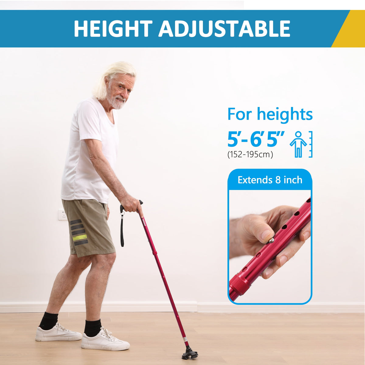 Rehand Adjustable Folding Walking Cane with Pivoting Tip, Lightweight Aluminum, Soft Handle Grip, Red