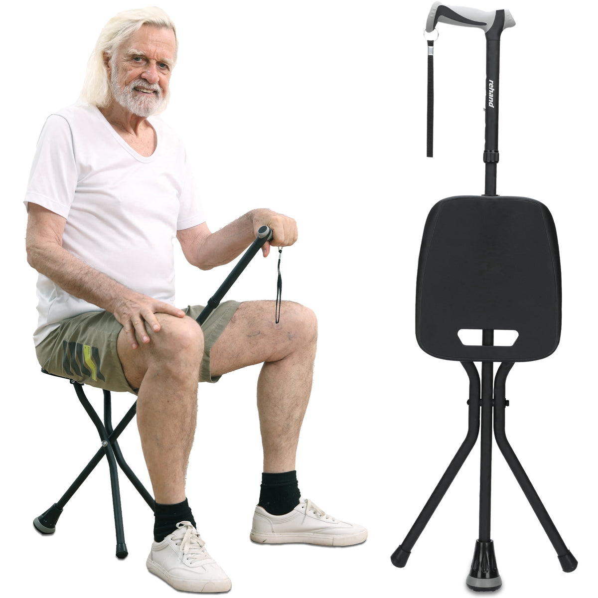 Rehand Walking Cane with Seat, Folding Adjustable Lightweight,Black