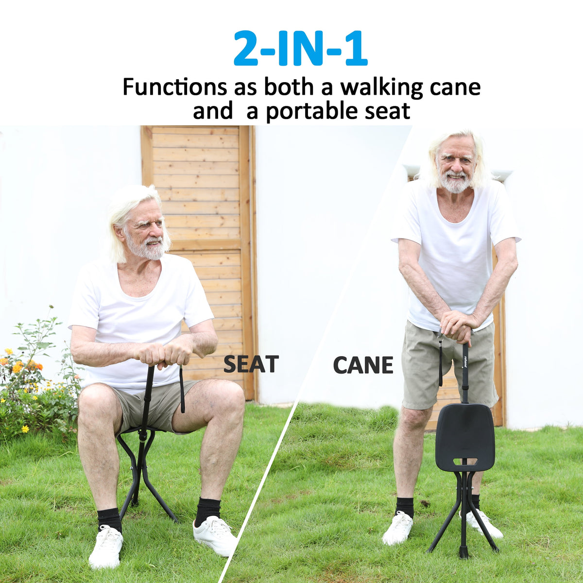 Rehand Walking Cane with Seat, Folding Adjustable Lightweight,Black