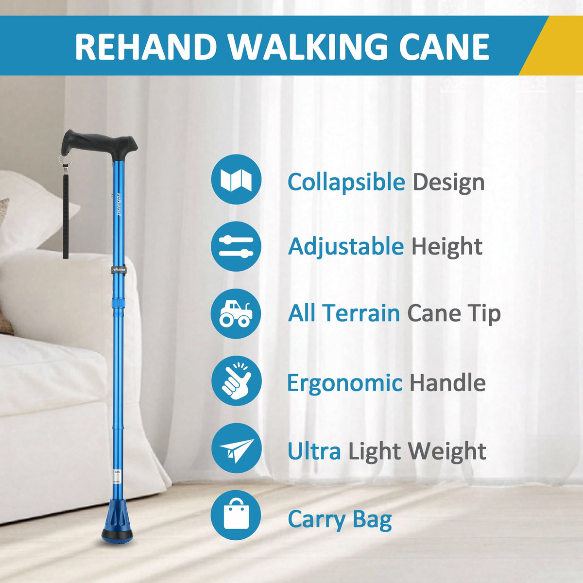 Rehand Foldable Adjustable Folding Cane for Women, Men, and Seniors, Blue
