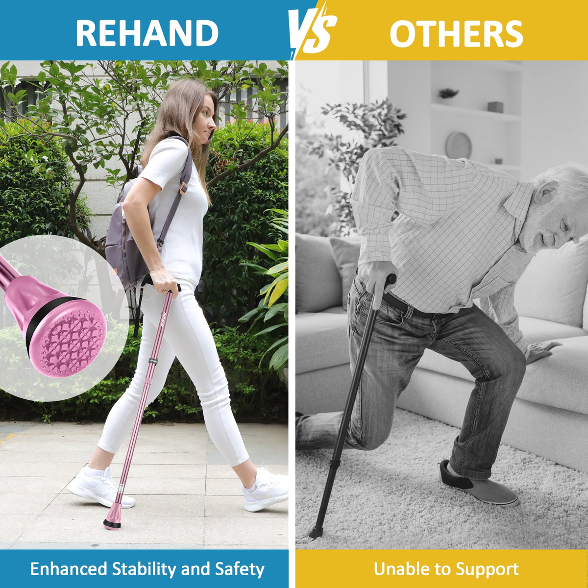 REHAND Foldable Walking Canes,Adjustable Height | Lightweight & Durable | Heavy Duty Walking Cane for Seniors Women & Men,Pink
