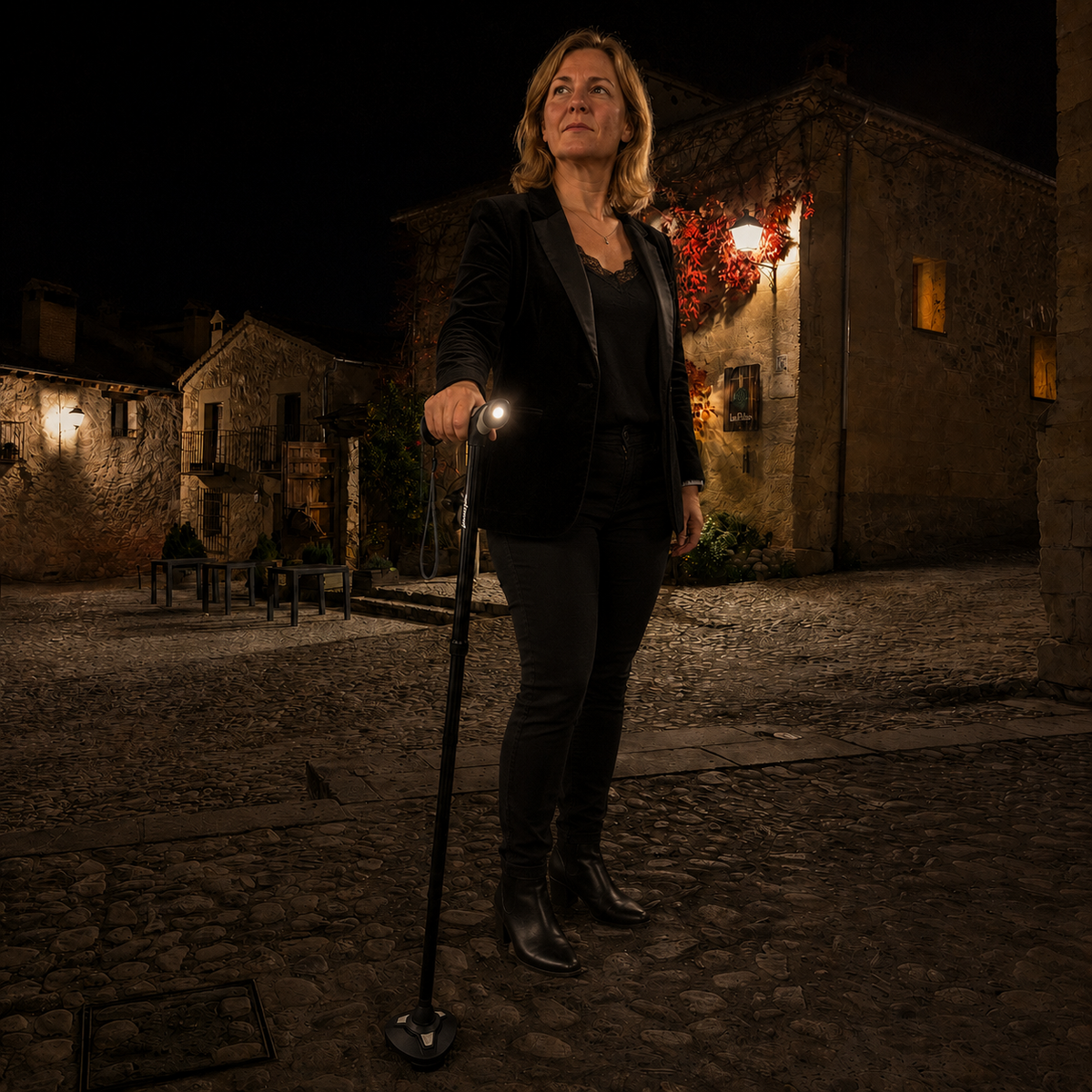 Adult using a walking cane in a narrow hallway