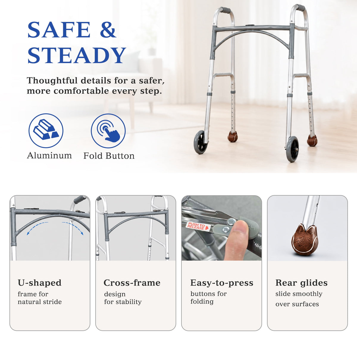 REHAND Lightweight Folding Walker with 5" Wheels, Adjustable Height Trigger Release Walker for Seniors & Adults