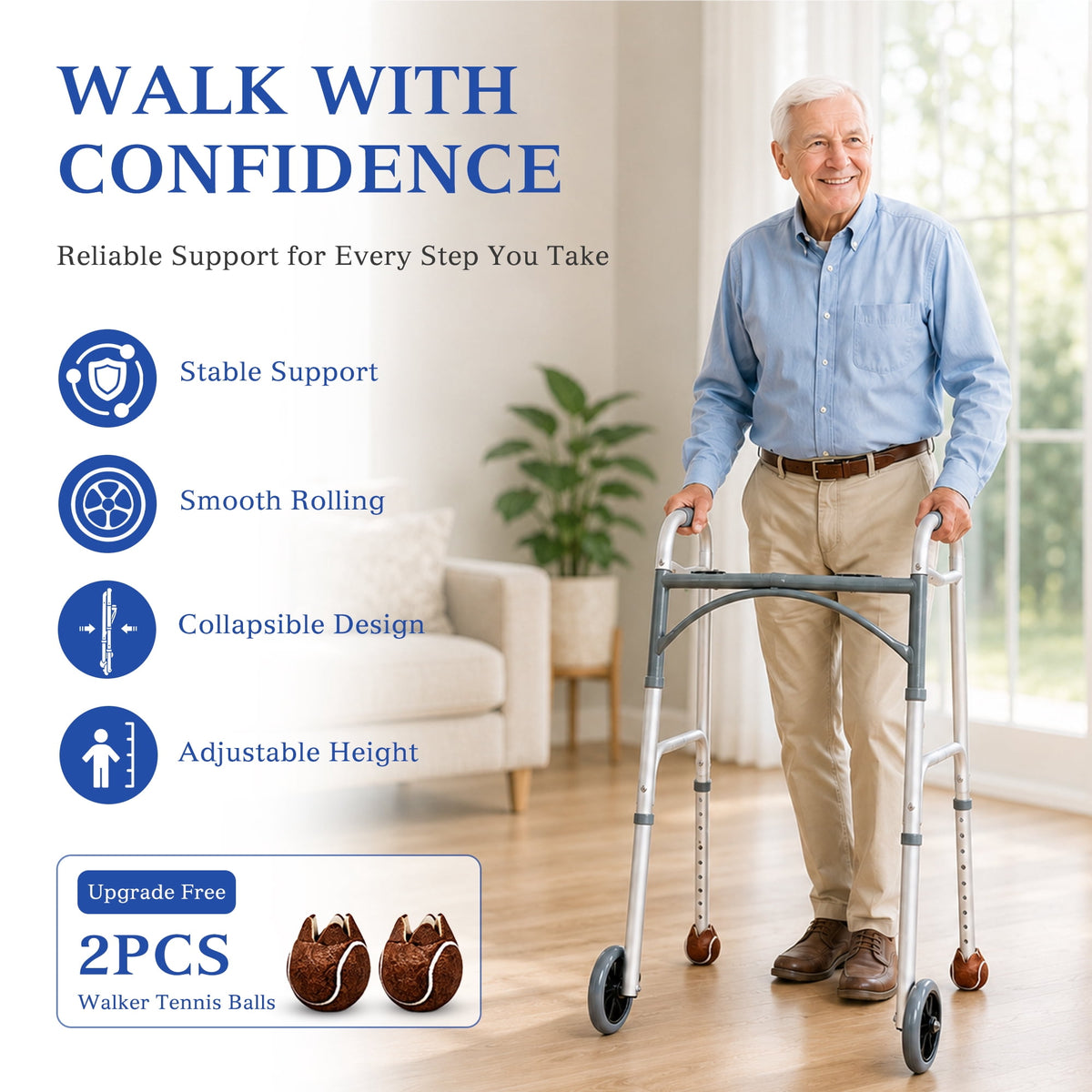 REHAND Lightweight Folding Walker with 5" Wheels, Adjustable Height Trigger Release Walker for Seniors & Adults