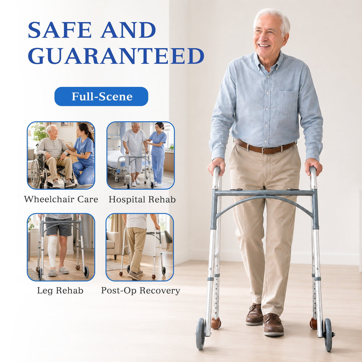 REHAND Lightweight Folding Walker with 5" Wheels, Adjustable Height Trigger Release Walker for Seniors & Adults