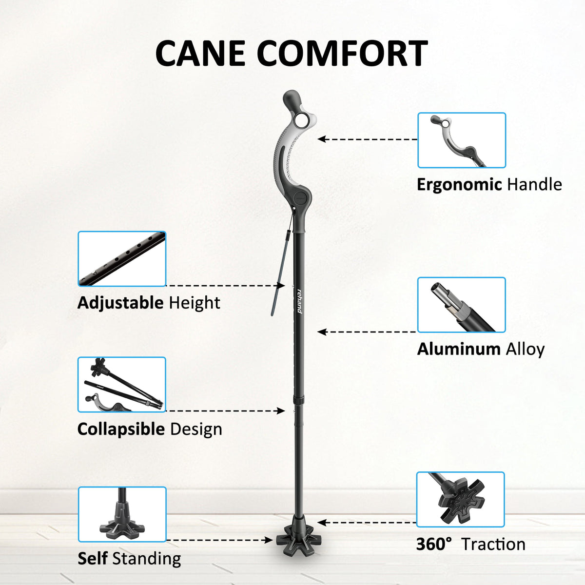 REHAND Walking Cane,Self Standing Upright Posture ,Folding,Adjustable