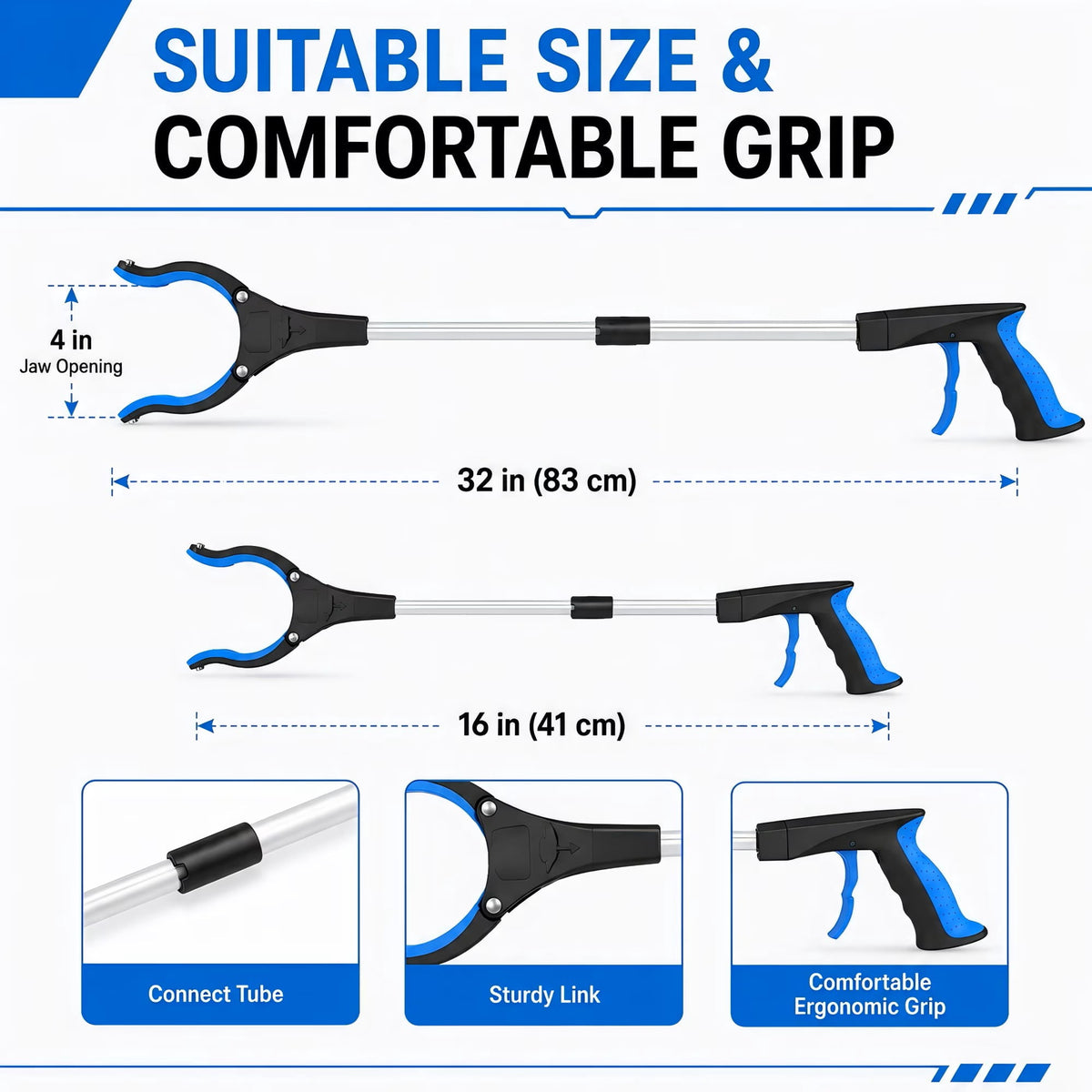 REHAND Reacher Grabber Tool,Foldable 32" Grabber Reacher with Rotating Jaw,Lightweight Pickup Tool for Seniors,Elderly,Disabled & Home Use,Blue