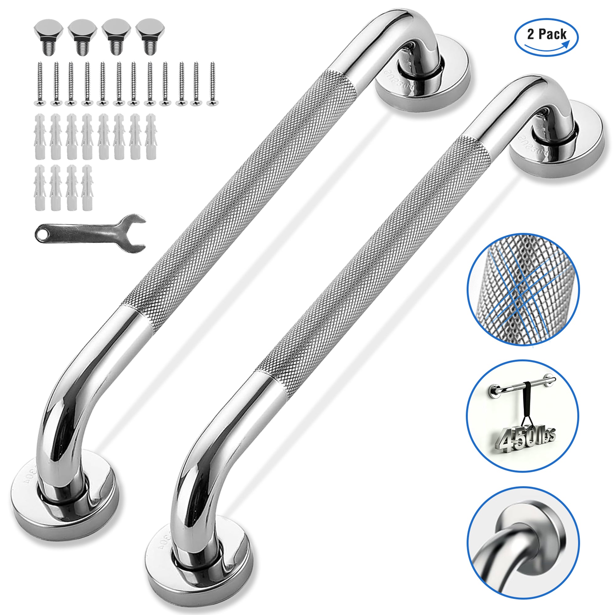 REHAND 16" Grab Bars for Shower, 2 Pack Non-Slip Wall Mount Polished Stainless Steel Bathroom Safety Handles, 450 lb Capacity