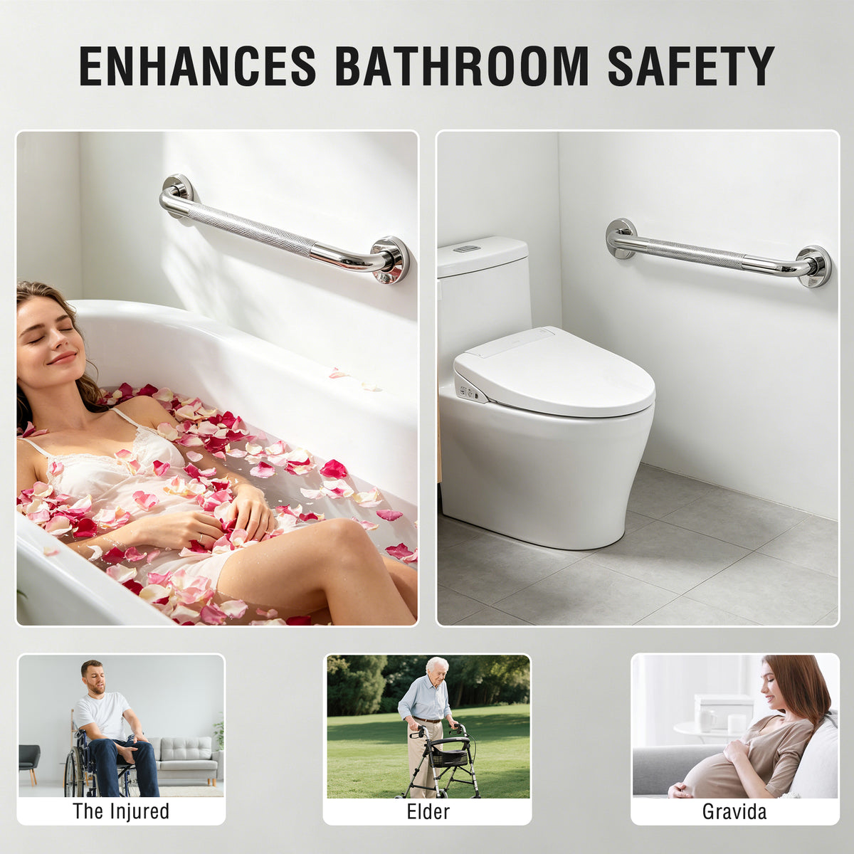 REHAND 16" Grab Bars for Shower, 2 Pack Non-Slip Wall Mount Polished Stainless Steel Bathroom Safety Handles, 450 lb Capacity