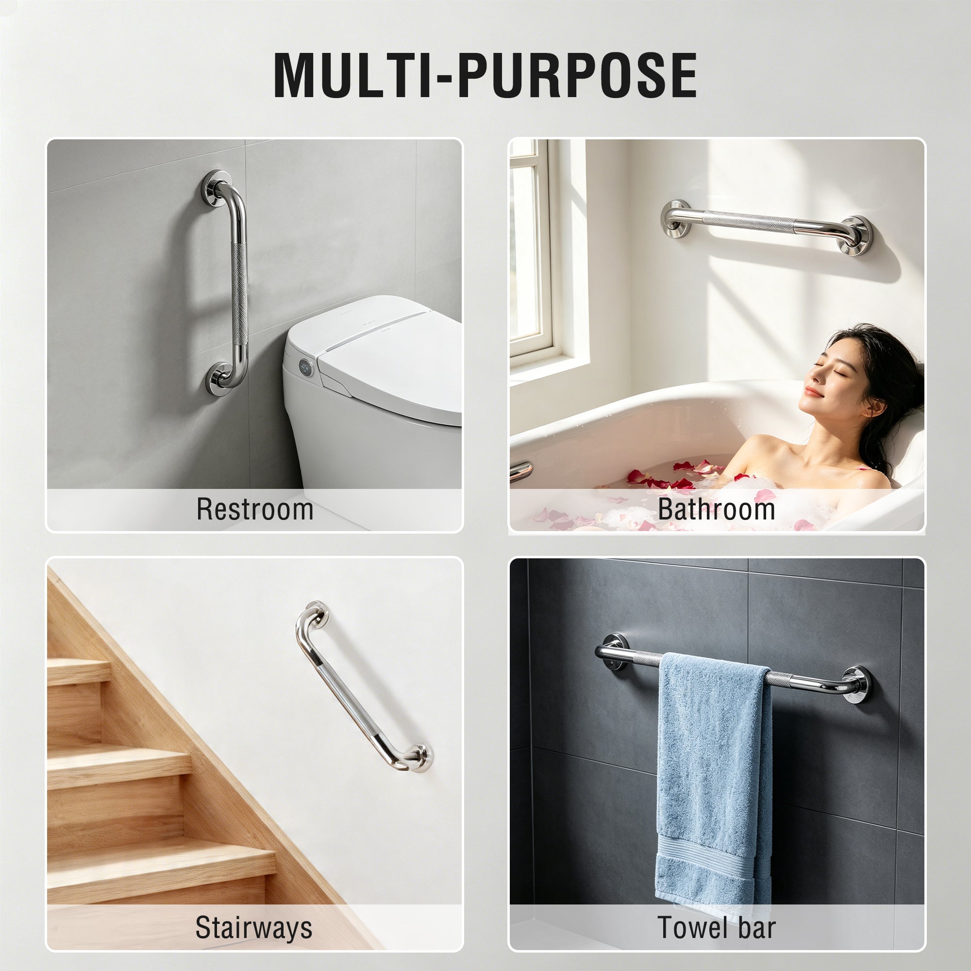 REHAND 16" Grab Bars for Shower, 2 Pack Non-Slip Wall Mount Polished Stainless Steel Bathroom Safety Handles, 450 lb Capacity