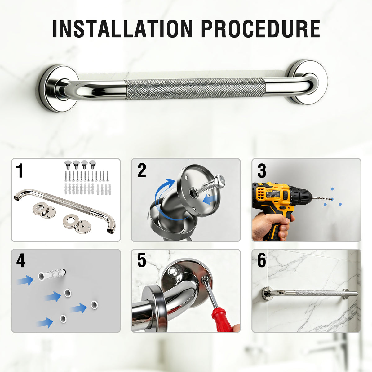 REHAND 16" Grab Bars for Shower, 2 Pack Non-Slip Wall Mount Polished Stainless Steel Bathroom Safety Handles, 450 lb Capacity