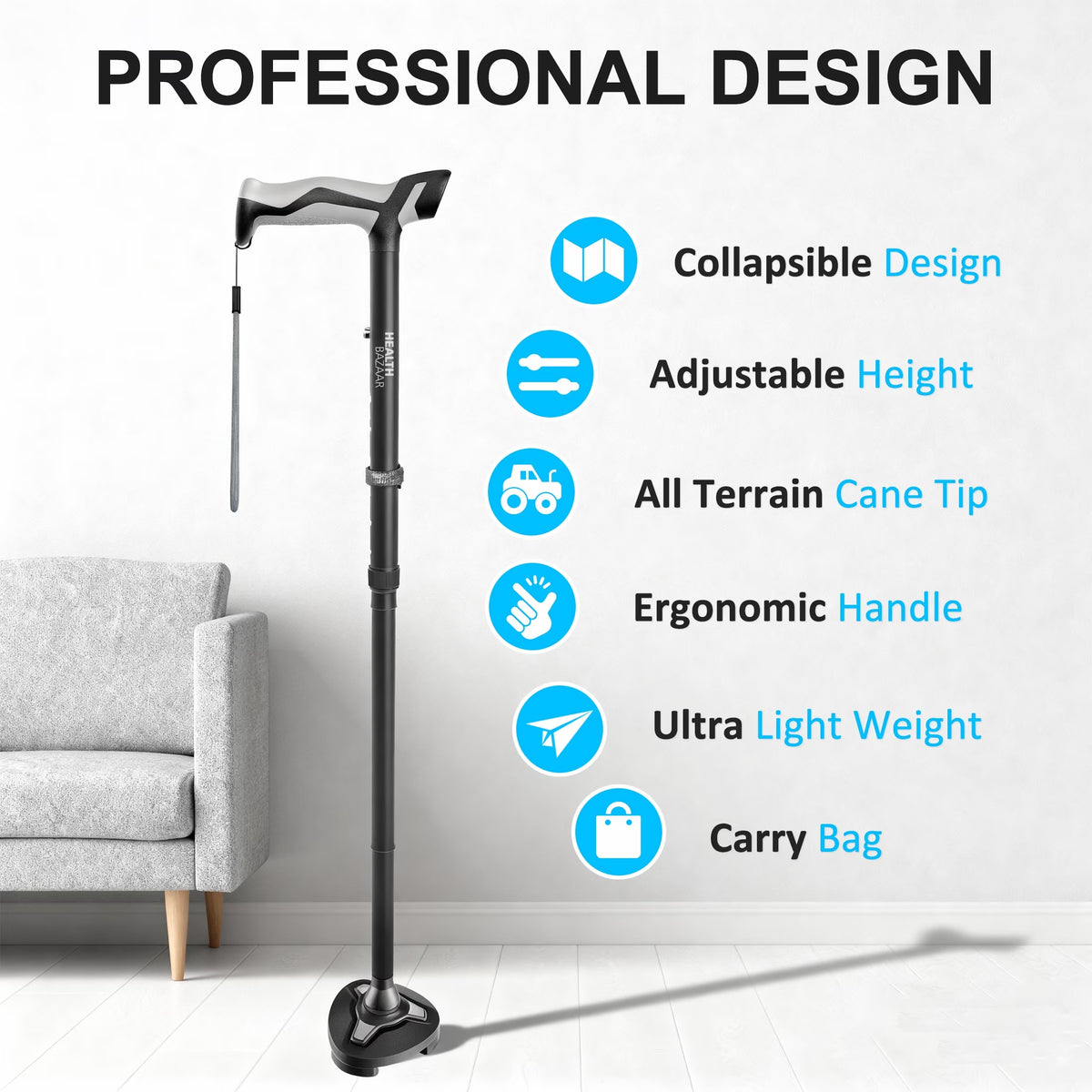 Healthbazaar Adjustable Walk Cane for Seniors,Foldable Cane,Black