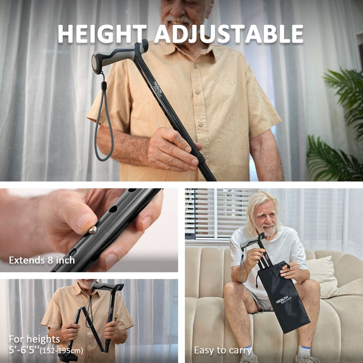 Healthbazaar Adjustable Walk Cane for Seniors,Foldable Cane,Black
