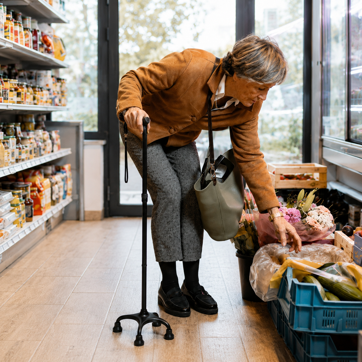 Woman using a quad cane in a grocery store