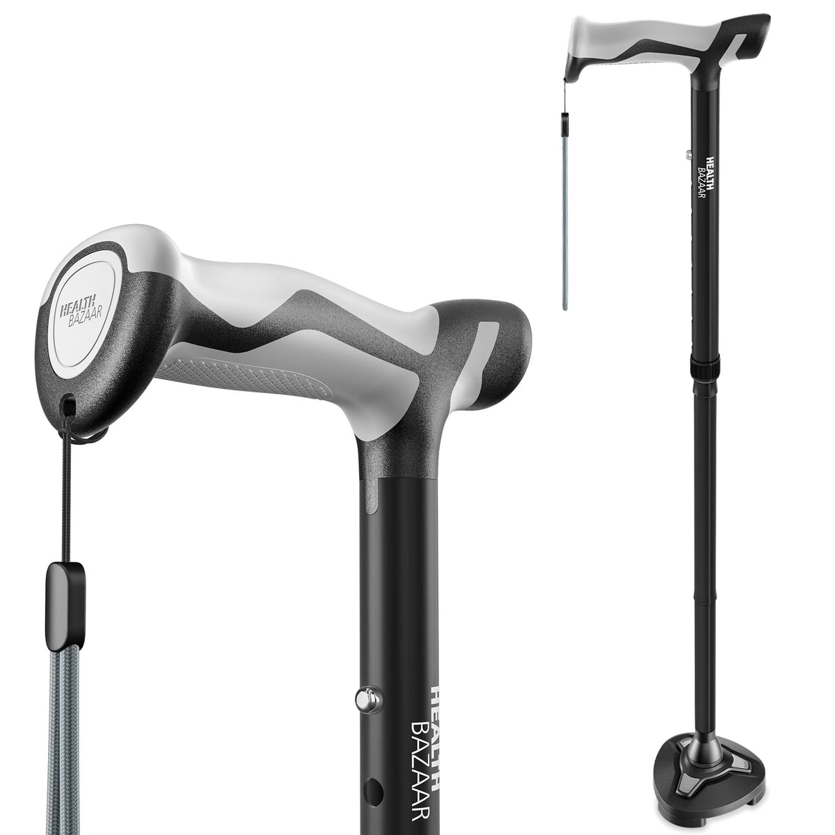 Healthbazaar Foldable Adjustable All-Terrain Walking Cane for Men & Women, Black